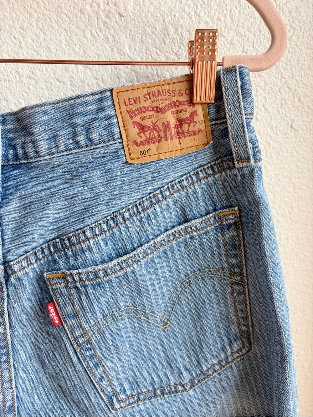 Levi’s 501 Raw Hem Railroad Stripe Shorts 30